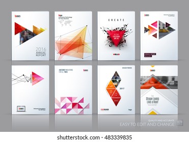 Brochure template layout, cover design annual report, magazine, flyer in A4 with blue red polygonal triangles, 3d mesh polygons, rounds, lines, explosion for business and sale shopping. Vector set.