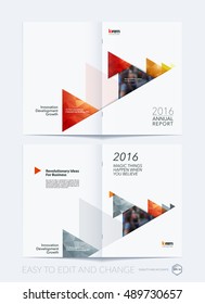 Brochure template layout, cover design annual report, magazine, flyer, leaflet in A4 with red moving triangles, arrows with polygonal background for business and technology. Creative vector set.