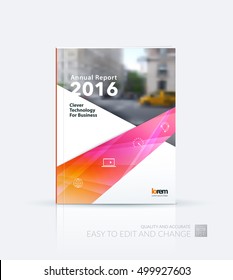 Brochure template layout, cover design for annual report, magazine, flyer, leaflet in A4 with red lines, arrow, ribbon with overlap effect for business and finance. Creative vector art.