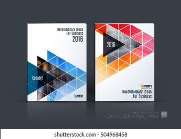 Brochure template layout, cover design annual report, magazine, flyer in A4 with blue red polygonal elements, triangles for business, construction, technology. Abstract vector design set.