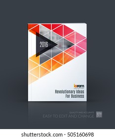 Brochure template layout, cover design annual report, magazine, flyer in A4 with red polygonal elements, triangles for business, construction, technology. Abstract vector design.