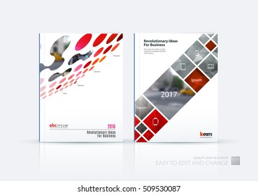 Brochure template layout, cover design annual report, magazine, flyer in A4 with red perspective circles, dots, rectangles for business, finance, science, building. Abstract vector design set.