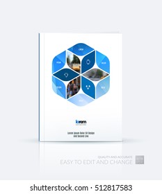 Brochure template layout, cover design annual report, magazine, flyer in A4 with blue rhombus, rectangle for business and consulting, construction concept. Abstract vector design.