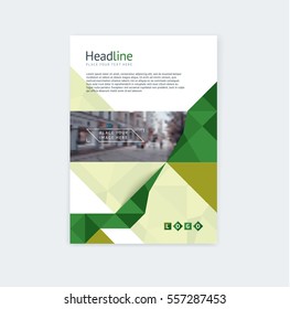 Brochure template layout, cover design annual report, magazine with green polygonal triangles with space for text, photo and title. Vector illustration of a modern flat style.
