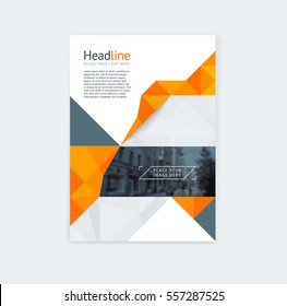 Brochure template layout, cover design annual report, magazine with orange polygonal triangles with space for text, photo and title. Vector illustration of a modern flat style.