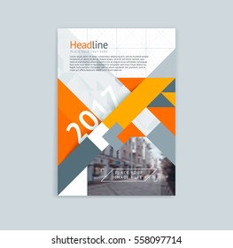 Brochure template layout, cover design annual report, magazine, flyer in A4 with orange and grey polygonal triangles with space for text, photo and title. Vector illustration of a modern flat style.