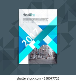 Brochure template layout, cover design annual report, magazine, flyer in A4 with blue polygonal triangles with space for text, photo and title. Vector illustration of a modern flat style.