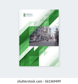 Brochure template layout, cover design annual report, magazine with green polygonal triangles, stripes, texture and shadows with space for photo and logo. Vector illustration of a modern flat style.