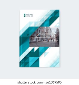 Brochure template layout, cover design annual report, magazine with blue and aquamarine polygonal triangles, stripes, texture with space for photo and logo. Vector illustration of a modern flat style.