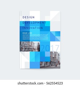 Brochure template layout, cover design annual report magazine with blue, gray squares, stripes and textures with place for photo and text. Vector illustration of a modern flat style.