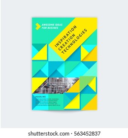 Brochure template layout, cover design annual report, magazine with blue, turquoise polygonal triangles, stripes with space for photo, text and logo. Vector illustration of a modern flat style.