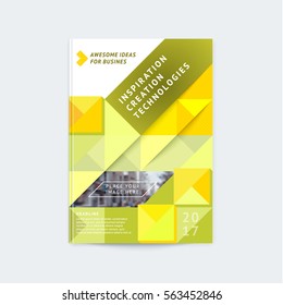 Brochure template layout, cover design annual report, magazine with yellow and olive polygonal triangles, squares with space for photo, text and logo. Vector illustration of a modern flat style.
