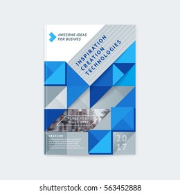 Brochure template layout, cover design annual report, magazine with blue and gray polygonal triangles, squares with space for photo, text and logo. Vector illustration of a modern flat style.