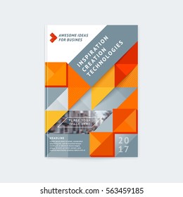 Brochure template layout, cover design annual report, magazine with orange and gray polygonal triangles, squares with space for photo, text and logo. Vector illustration of a modern flat style.