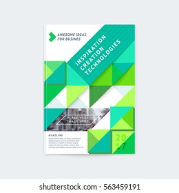 Brochure template layout, cover design annual report, magazine with green and lime polygonal triangles, squares with space for photo, text and logo. Vector illustration of a modern flat style.