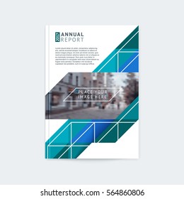 Brochure template layout, cover design annual report, magazine with green, turquoise polygonal triangles, stripes and texture with space for photo and logo. Vector illustration of a modern flat style.