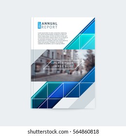 Brochure template layout, cover design annual report, magazine with green, turquoise polygonal triangles, stripes and texture with space for photo and logo. Vector illustration of a modern flat style.