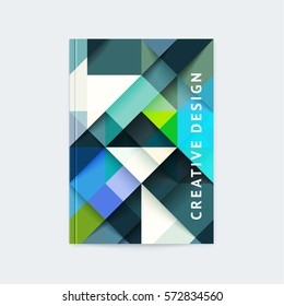 Brochure template layout, cover design annual report, book, magazine with blue, green, polygonal triangles, squares, strips with gradients, shadows, logo. Vector illustration of a modern flat style.