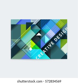 Brochure template layout, cover design annual report, book, magazine with blue, green, polygonal triangles, squares, strips with gradients, shadows, logo. Vector illustration of a modern flat style.