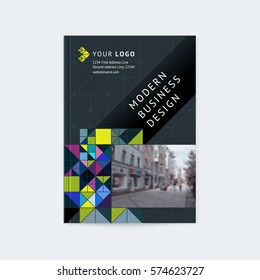 Brochure template layout, cover design annual report, magazine with mosaic polygonal triangles, squares with space for photo, text and logo. Vector illustration of a modern flat style.