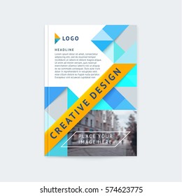 Brochure template layout, cover design annual report, magazine with yellow and blue polygonal triangles, squares with space for photo, text and logo. Vector illustration of a modern flat style.