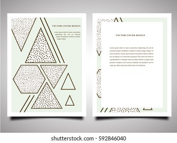 Brochure template layout, cover design report, magazine, flyer in A4 with colourful geometric shapes, triangles, hexagon, lines and doodle print in abstract style. Infographic. Vector set.