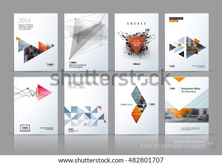 Brochure template layout, cover design annual report, magazine, flyer in A4 with grey yellow polygonal triangles, 3d mesh polygons, rounds, lines, explosion for business and sale shopping. Vector set.