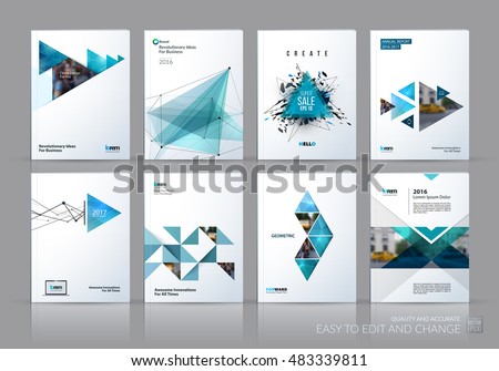 Brochure template layout, cover design annual report, magazine, flyer in A4 with green polygonal triangles, 3d mesh polygons, rounds, lines, explosion for business and sale shopping. Vector set.