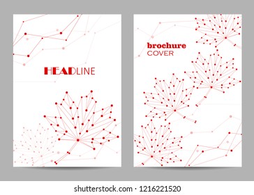 Brochure template layout design. Abstract vector maple leaves made of connected lines and dots on white background.