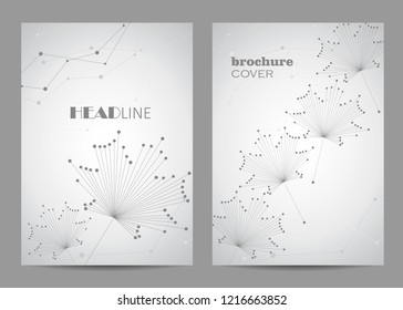 Brochure template layout design. Abstract vector maple leaves made of connected lines and dots on gray background.