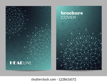 Brochure template layout design. Abstract geometric background with connected lines and dots.