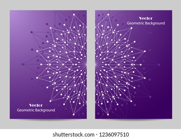 Brochure template layout design. Abstract geometric background with connected lines and dots.