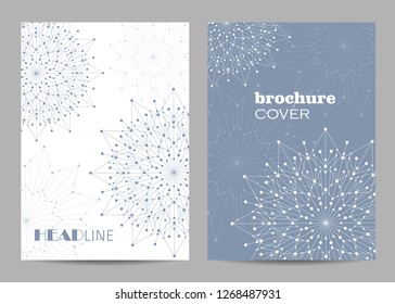 Brochure template layout design. Abstract geometric background with connected lines and dots.