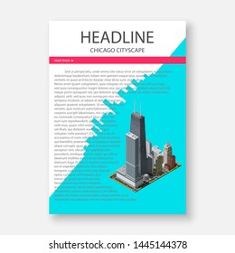 Brochure template layout design with central district in Chicago isometric vector illustration.