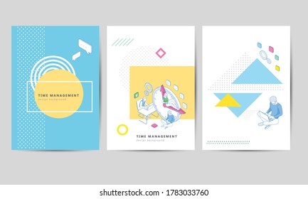 Diseño de diseño de plantilla de folleto. Volante Empresarial Corporativo. Administración de tiempo efectiva isométrica. Los empresarios planifican y organizan el tiempo de trabajo, se ocupan de los plazos, logran los objetivos.