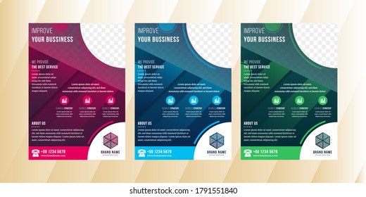 Brochure template layout design. Corporate business annual report, catalog, magazine, flyer mockup. Creative modern bright concept with triangle shapes. Space for photo collage with transparency color