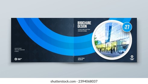 Broschüre Template Layout Design. Dark Blue Horizontal Corporate Geschäftsbericht, Katalog, Magazin, Flyer-Muster. Kreative, moderne, helle Konzeptkreisform