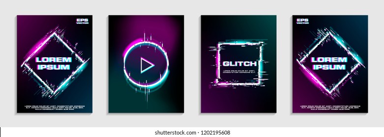 Brochure template layout design with glitch and neon effecnt for business and gift cards, invitations, covers, banners, flyers, posters