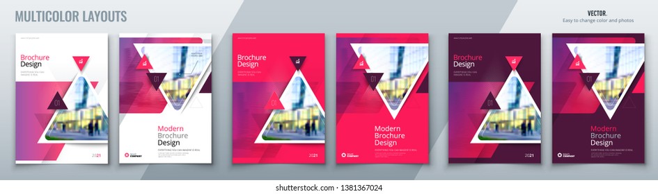 Brochure template layout design with triangles. Corporate business annual report, catalog, magazine, flyer mockup. Creative modern bright concept with triangle shapes