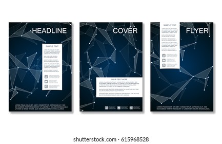 Brochure template layout, flyer, cover, annual report, magazine in A4 size. Structure of molecular particles and atom. Polygonal abstract background. Vector illustration