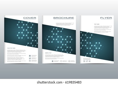 Brochure template layout, flyer, cover, annual report, magazine in A4 size. Structure of molecular particles and atom. Polygonal abstract background. Vector illustration