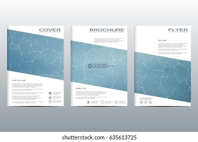Brochure template layout, flyer, cover, annual report, magazine in A4 size. Structure of molecular particles and atom. Polygonal abstract background. Vector illustration