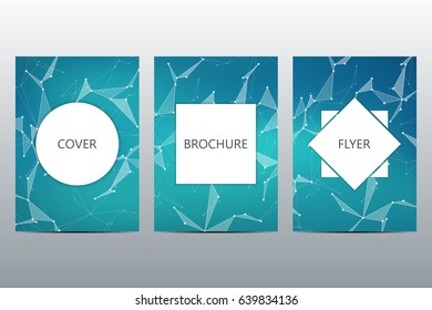 Brochure template layout, flyer, cover, annual report, magazine in A4 size. Structure of molecular particles and atom. Polygonal abstract background. Vector illustration