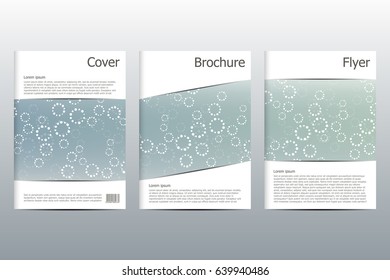 Brochure template layout, flyer, cover, annual report, magazine in A4 size. Structure of molecular particles and atom. Polygonal abstract background. Vector illustration