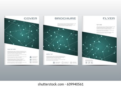 Brochure template layout, flyer, cover, annual report, magazine. Structure of molecular particles and atom. Polygonal abstract background. Vector illustration
