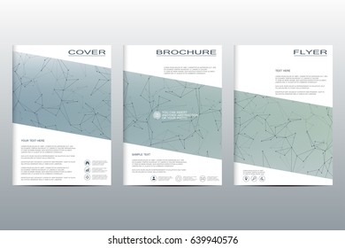 Brochure template layout, flyer, cover, annual report, magazine in A4 size. Structure of molecular particles and atom. Polygonal abstract background. Vector illustration