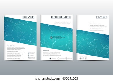 Brochure template layout, flyer, cover, annual report, magazine in A4 size. Structure of molecular particles and atom. Polygonal abstract background