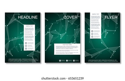 Brochure template layout, flyer, cover, annual report, magazine in A4 size. Structure of molecular particles and atom. Polygonal abstract background