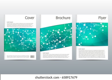 Brochure template layout, flyer, cover, annual report, magazine in A4 size. Structure of molecular particles and atom. Polygonal abstract background. Vector illustration