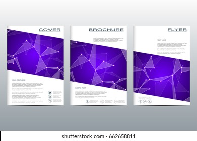 Brochure template layout, flyer, cover, annual report, magazine in A4 size. Structure of molecular particles and atom. Polygonal abstract background. Vector illustration